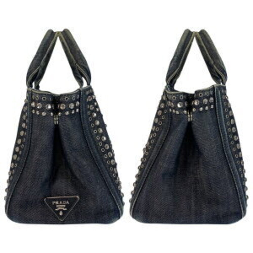 Prada shoulder Canapa denim plate tote beaded Blue triangular Navy logo bag - Picture 8 of 10